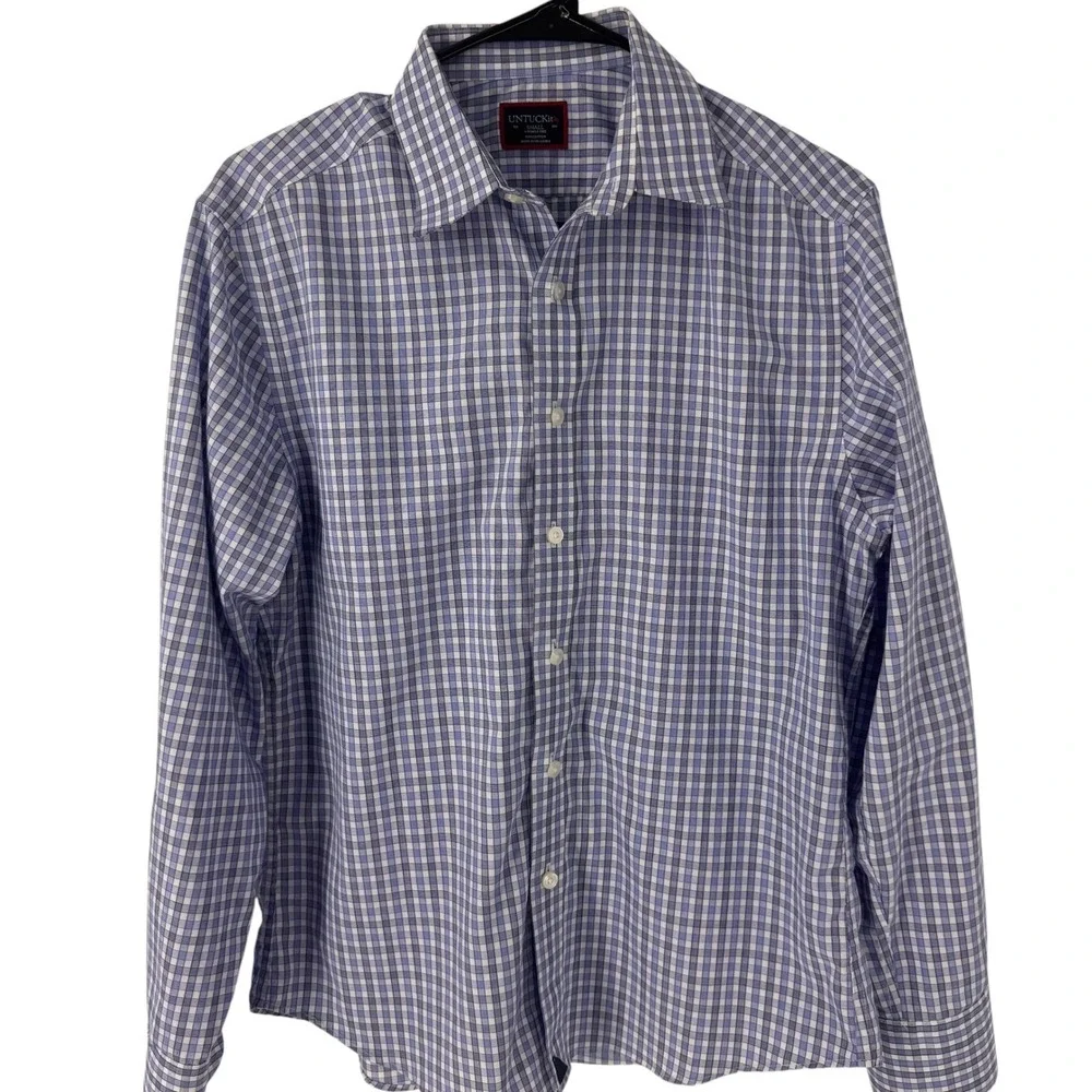 UNTUCKit Mens Small‎ Blue Gingham Check Wrinkle Free Cotton Button Down Shirt